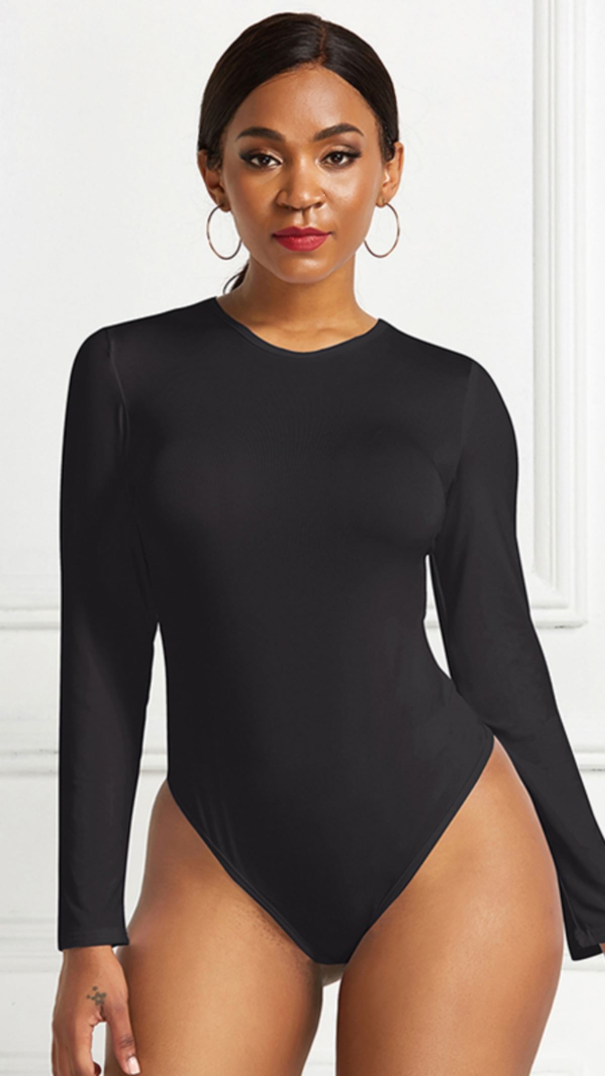 欧美性感紧身开档连体衣女纯色长袖圆领打底衫上衣women bodysuit