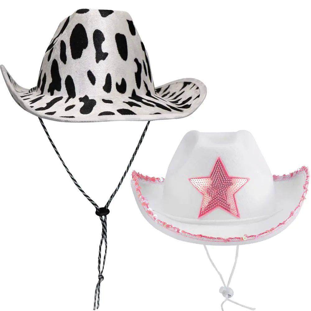 Pink Star White Cowgirl Hat Sequin Trim Fringe Cow Girl Hat