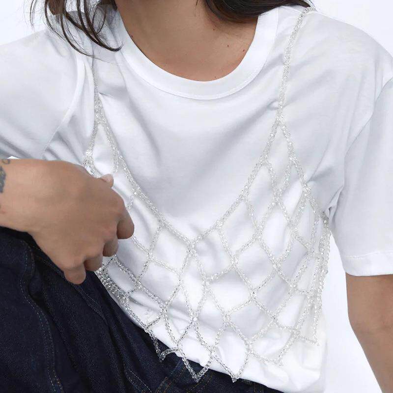 Handwoven pearl necklace, crystal body chain, crystal vest b