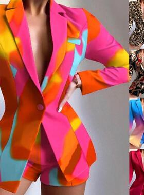 欧美风秋冬女装新款翻领长袖休闲西装短裤套装修身一粒扣两件套