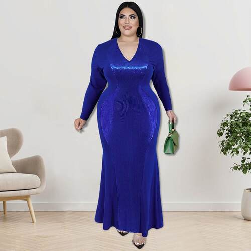 Plus size fat women's clothing sexy v neck long dress re