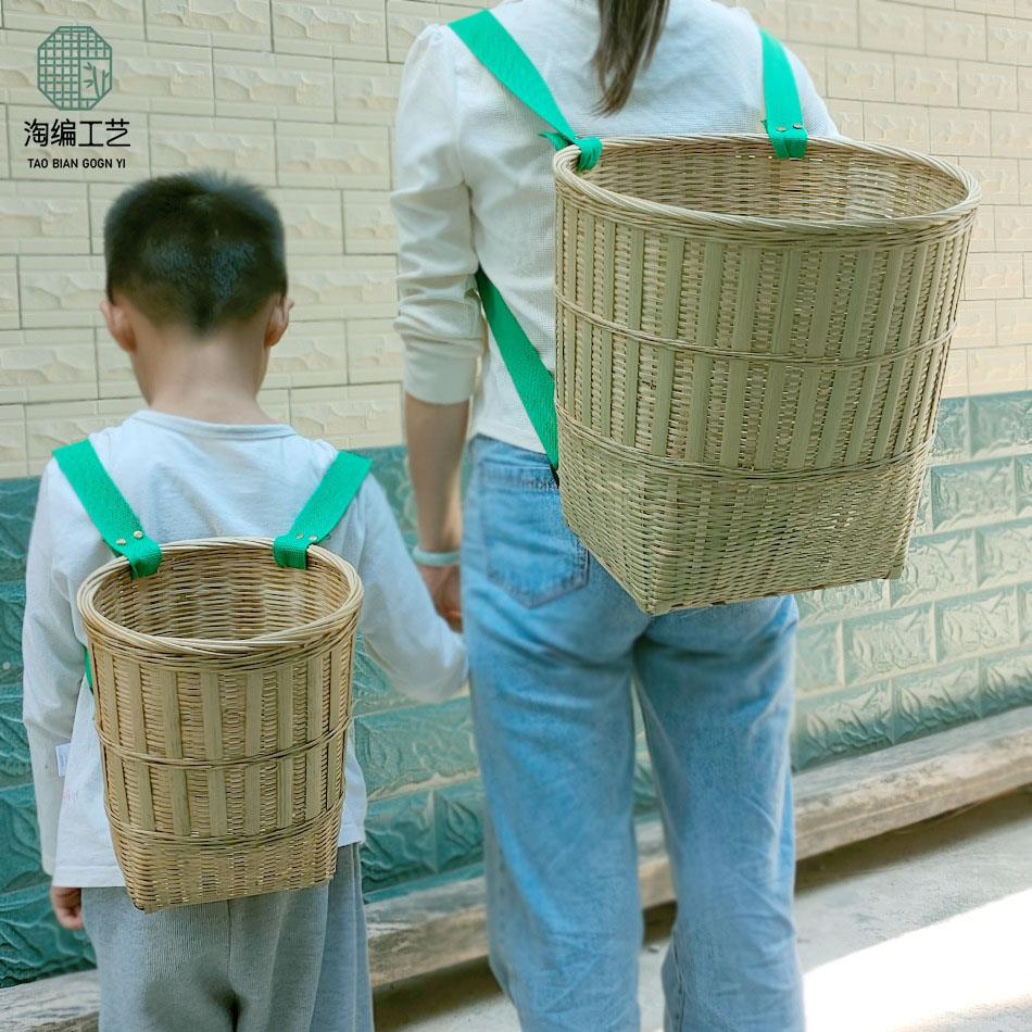 竹编椭圆背篓茶叶精编竹筐采摘舞蹈道具收纳筐小号大号承重力强