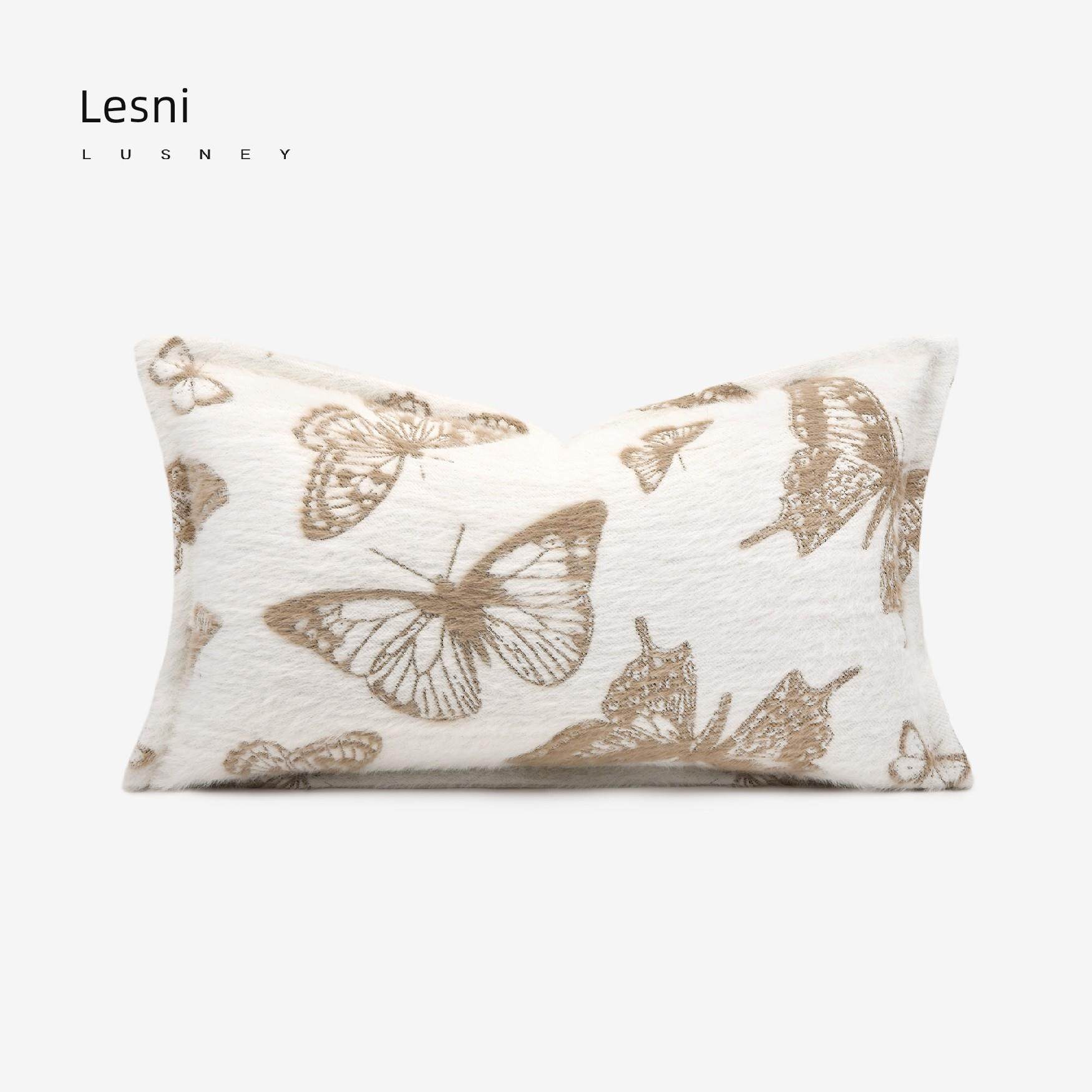 Wabi-Sabi风格白蝴蝶绣花毛绒腰枕高端样板房枕床垫套软装定制