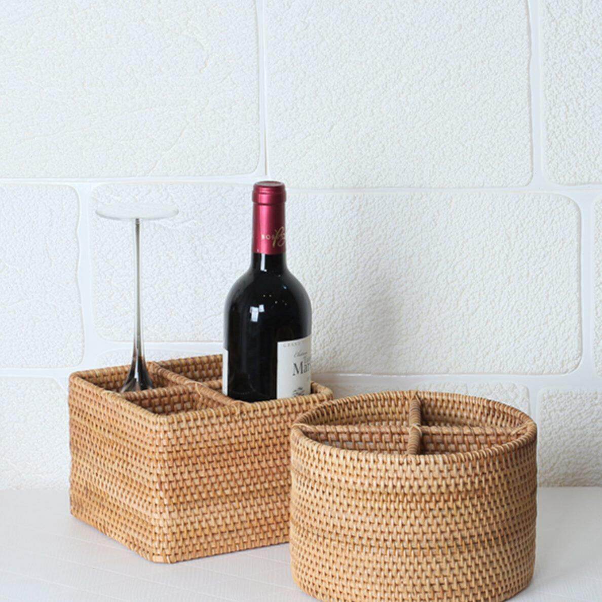 藤编带手提篮桌面收纳筐分格红酒架摆件家用遥控器酒杯收纳北欧
