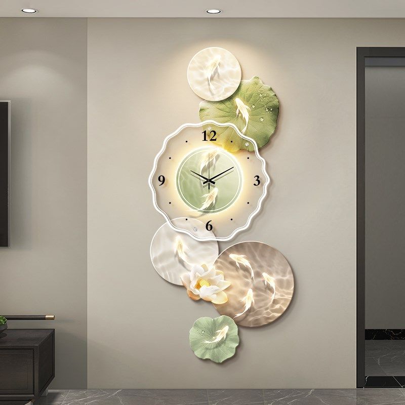 九鱼图入户门玄关装饰画带挂钟高级感客厅L走廊过道挂画创意灯壁,家居饰品,现代装饰画,淘宝优惠券,粉丝福利购,淘宝优惠卷