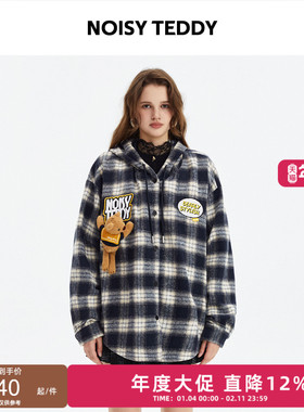 NOISY TEDDY男女同款25年秋季新款经典复古格子长袖连帽外套宽松