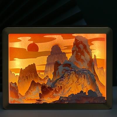 国潮文创工艺品创意礼物相框灯小夜灯桌面摆件山水风景立体纸雕灯