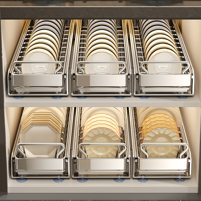 实心不锈钢抽拉碗碟收纳架厨房抽屉式拉篮橱柜内置沥水碗架置物架,厨房/烹饪用具,碗架,淘宝优惠券,粉丝福利购,淘宝优惠卷