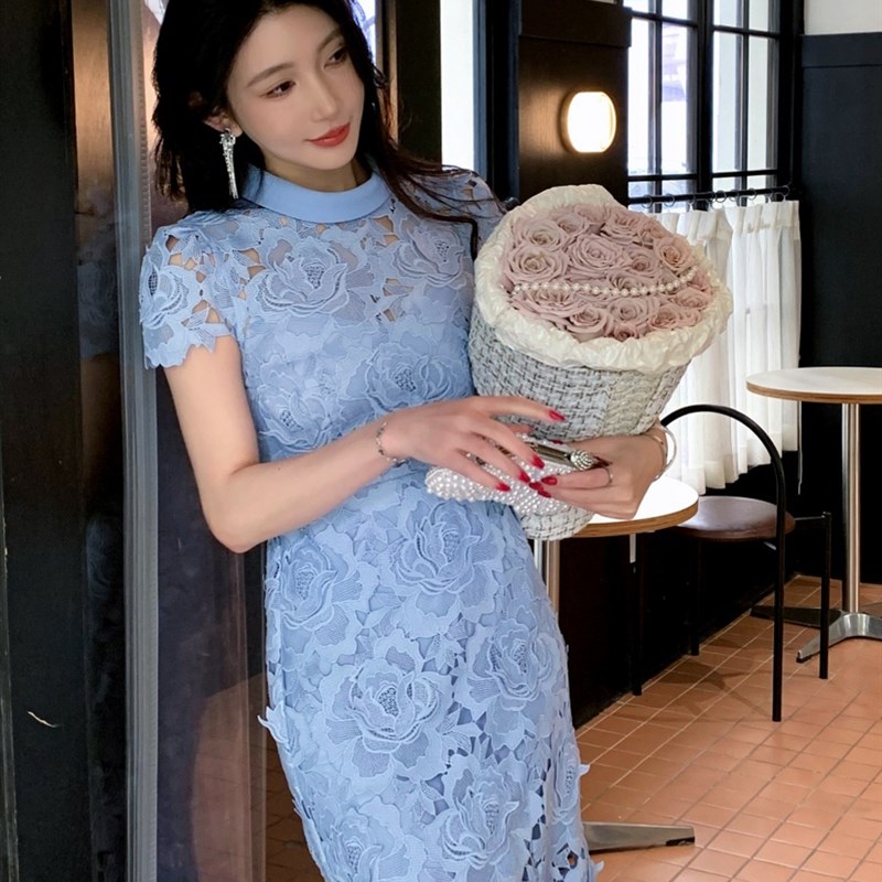 新款女装3D立体重磅蕾丝性感镂空蓝色修身O连衣裙子长款晚礼服