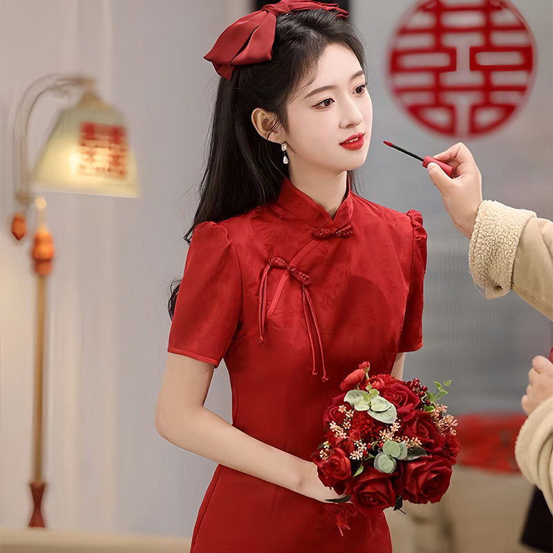 新中式旗袍订婚宴敬酒服结婚婚礼礼服红色回娘家便装年轻气质款