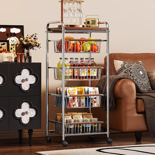 中古风小推车置物架客厅多层零食架子可移动厨房菜篮子零食收纳架