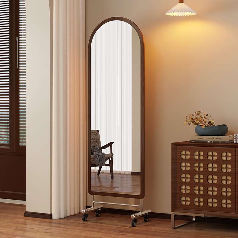 中古风全身镜家用落地镜可移动带滑轮穿衣镜不锈钢网红大试衣镜子