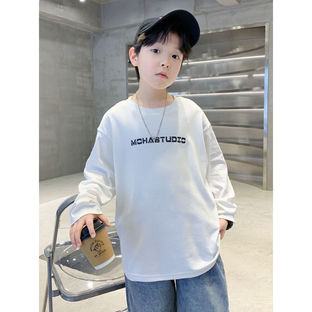 左西风云儿童男童春秋款长袖白色T恤2026新款春装打底衫纯棉体恤