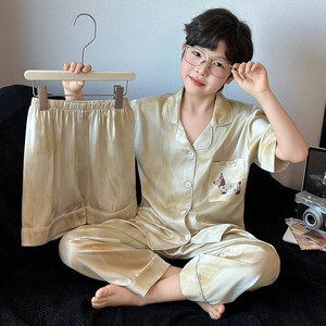 左西风云男童夏季睡衣短袖套装青少年夏装薄款冰丝夏款家居中大儿