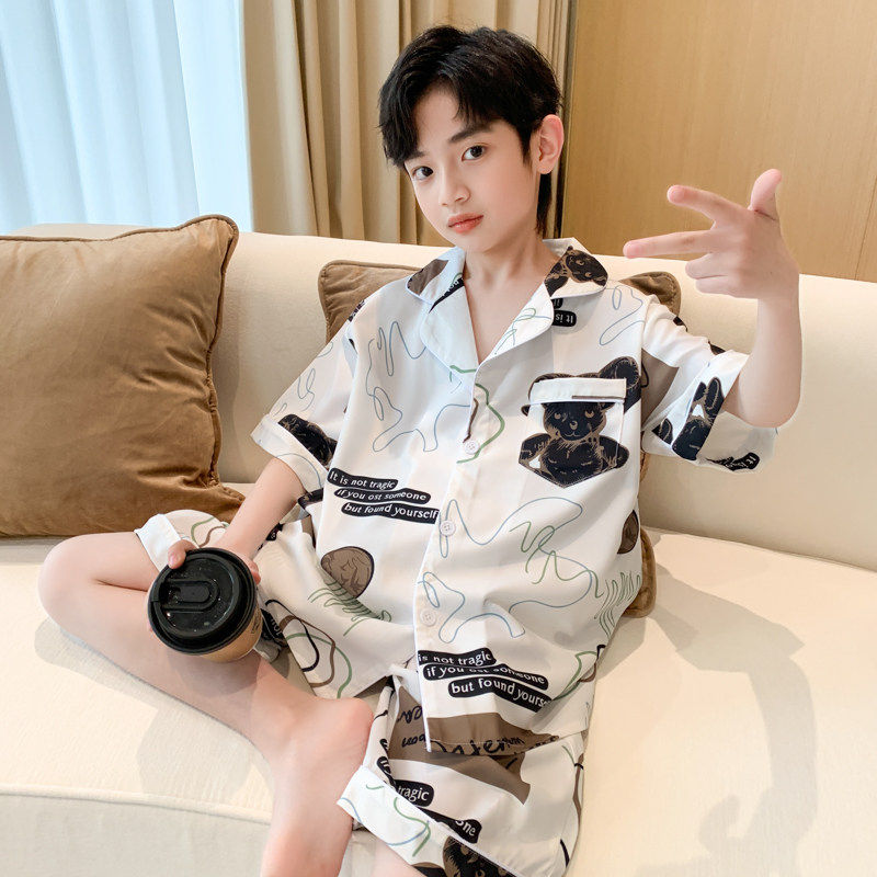 左西官方旗舰店儿童装男童夏装睡衣冰丝短袖套装家居服夏款薄款夏