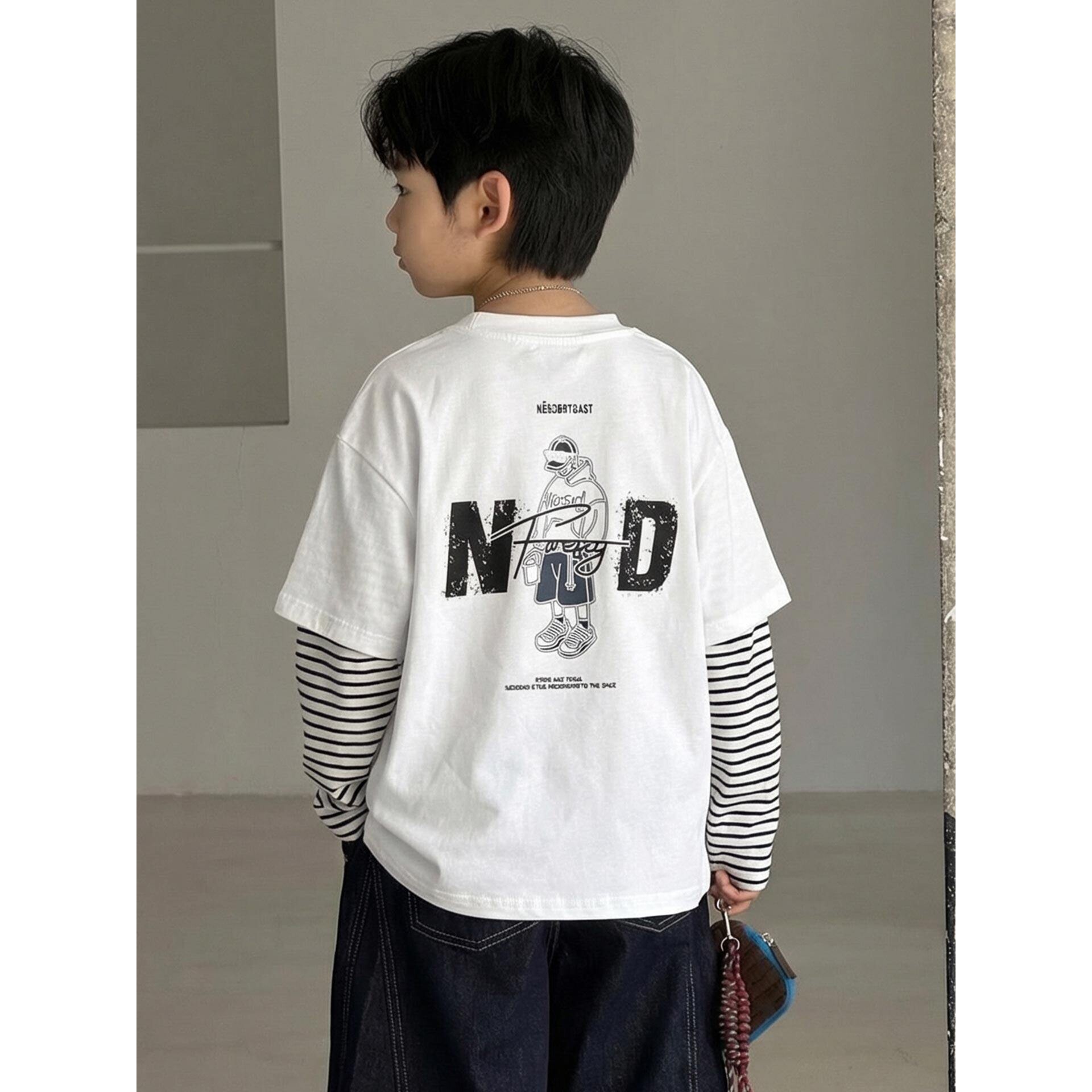 左西风云儿童男童春秋款长袖白色T恤2026新款春装体恤纯棉打底衫