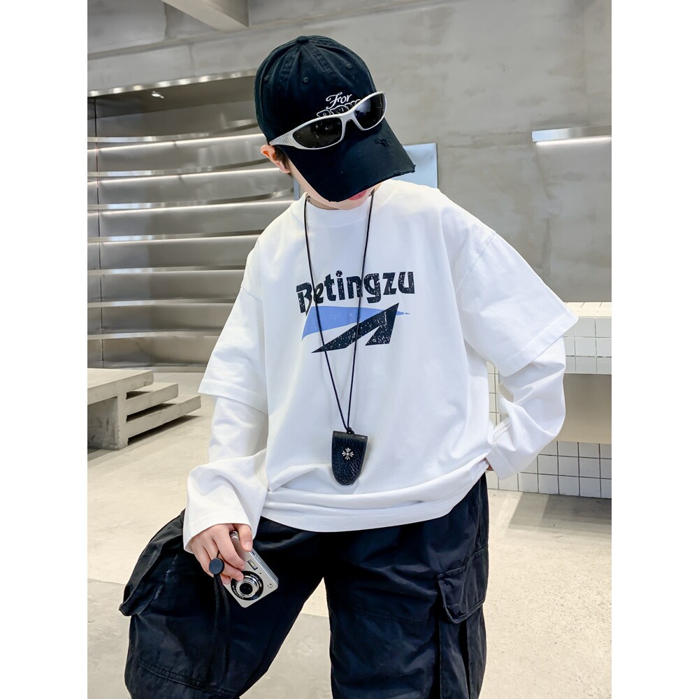 左西风云儿童男童春秋款长袖白色T恤2026新款春装纯棉体恤打底衫