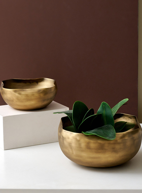 欧式轻奢铝制新中式做旧不规则y圆碗收纳果盘花器样板间金属钵摆