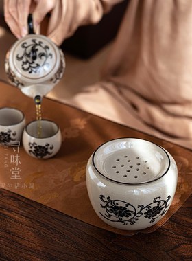 民窑雕花建水复古风茶渣v桶磁州窑茶水盂青灰釉陶瓷干泡功夫茶具