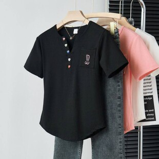 夏季 t恤打底衫 胖mm显瘦百搭遮肚子上衣 口袋刺绣正肩短袖 2026女装