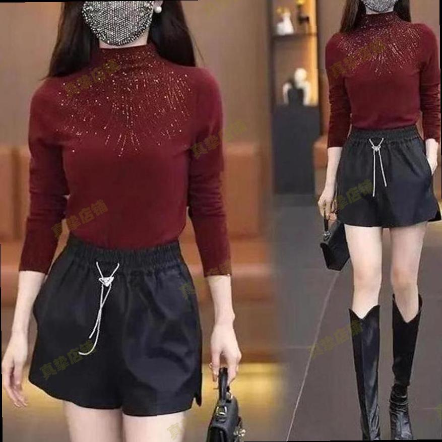 半高领长袖打底衫女秋冬2025新款枣红色上衣高级感烫钻修身打底衣