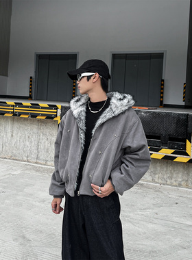 CLOTHESTEADER美式十字架座山雕连帽宽松短款棉服加厚外套男女