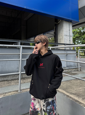 ClothesTrader 原创飘带拼接字母刺绣连帽卫衣男宽松时髦外套潮