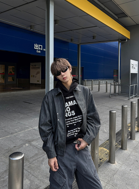 ClothesTrader 秋冬铆钉解构扎染PU皮机车皮夹克男女潮流短宽外套