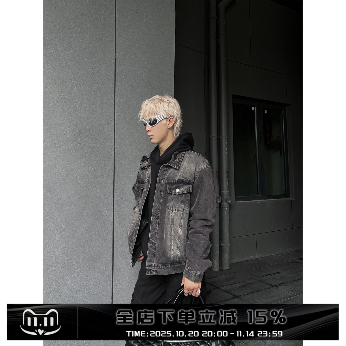 Clothestrader复古水洗黑色牛仔外套男秋季破洞设计感短款夹克潮