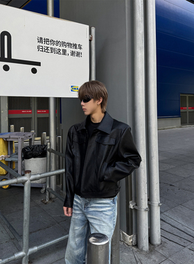 ClothesTrader秋冬黑色短款垫肩皮衣外套男廓形高级感pu皮夹克潮