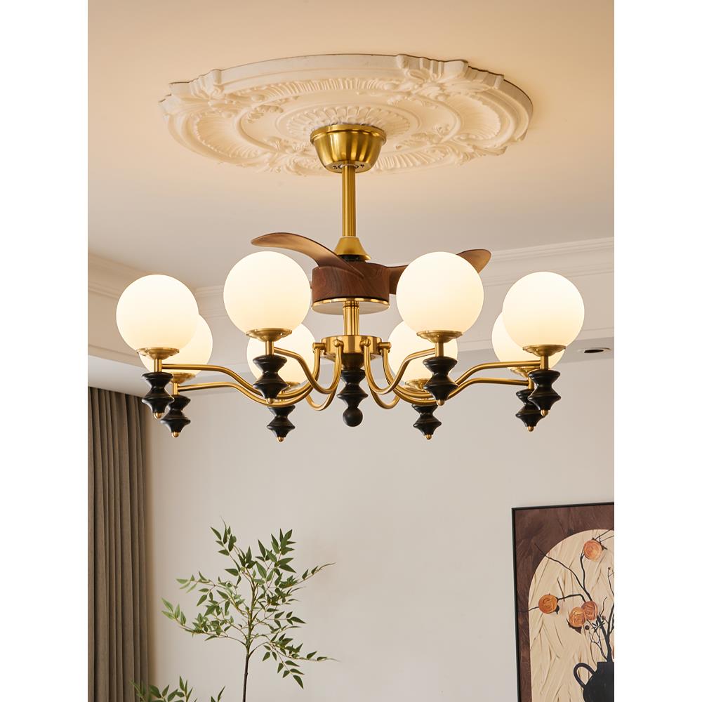 风扇灯新中式实木吊扇灯中古客厅灯卧室餐厅一体胡桃木色风扇吊灯