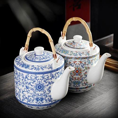 大容量老式青花陶瓷茶壶家用冲茶器对嘴壶养生泡茶单壶中式冷水壶