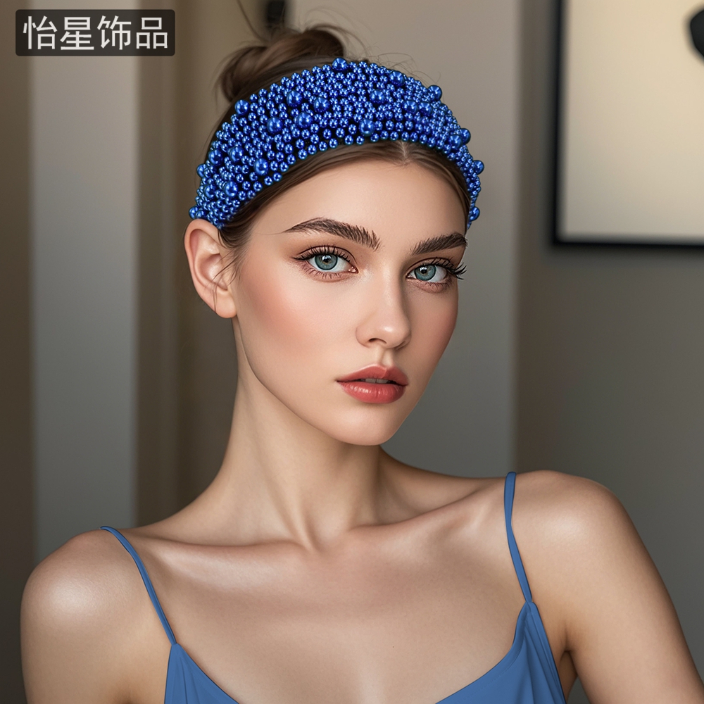 怡星蓝色珍珠时尚宽发箍欧美时尚头饰气质秋冬发卡发箍头饰A153