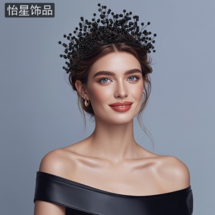 怡星欧美新娘头饰高级感婚礼黑色珍珠配饰发箍王冠发饰皇冠A297
