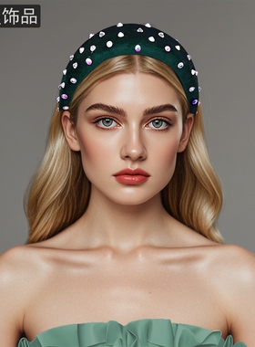 怡星气质时尚公主风发饰绿色丝绒满钻水钻闪闪拍照女头箍A247