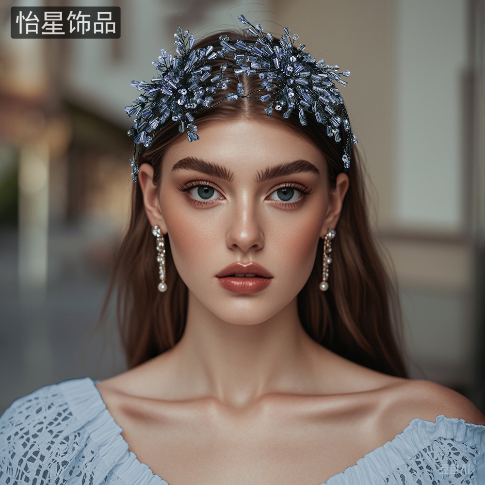 怡星 轻奢气质发箍蓝色串珠花朵宽边头饰甜美洋气手工头箍A112