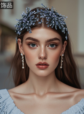 怡星 轻奢气质发箍蓝色串珠花朵宽边头饰甜美洋气手工头箍A112
