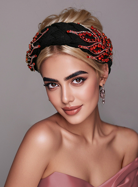 怡星黑色麻花编织扭结发箍红色水钻火焰花朵头饰高级感发箍A334