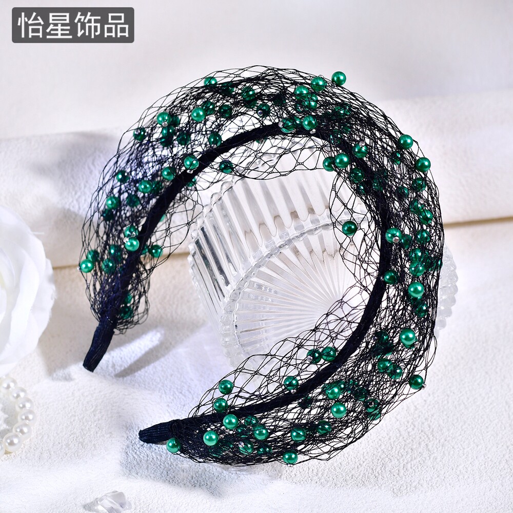 怡星独特黑鸢尾网纱绿色珍珠系列高定发箍设计气质女神配裙子A310