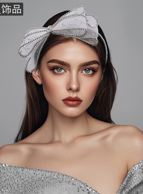 怡星白色网纱蝴蝶结镶钻发箍日韩风仙气头箍少女气质百搭发箍A41