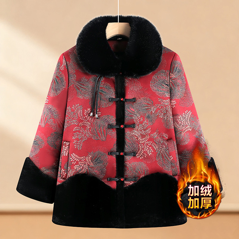 新中式冬季唐装棉袄妈妈装加绒加厚外套中老年人女老太太立领大衣