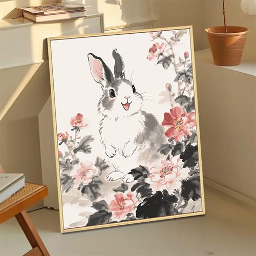 中国风兔子数字油画diy填充填色手工绘牡丹花卉丙烯油彩画装饰画图片
