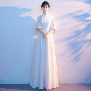 中式合唱团演出服女长裙新款白色旗袍古筝表演艺考礼服大合唱成人