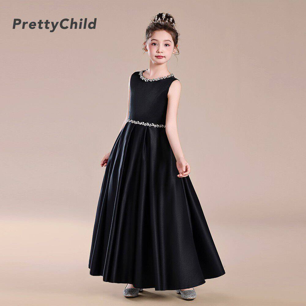 prettychild儿童礼服黑色女童钢琴比赛礼服高端乐团合唱团演出服