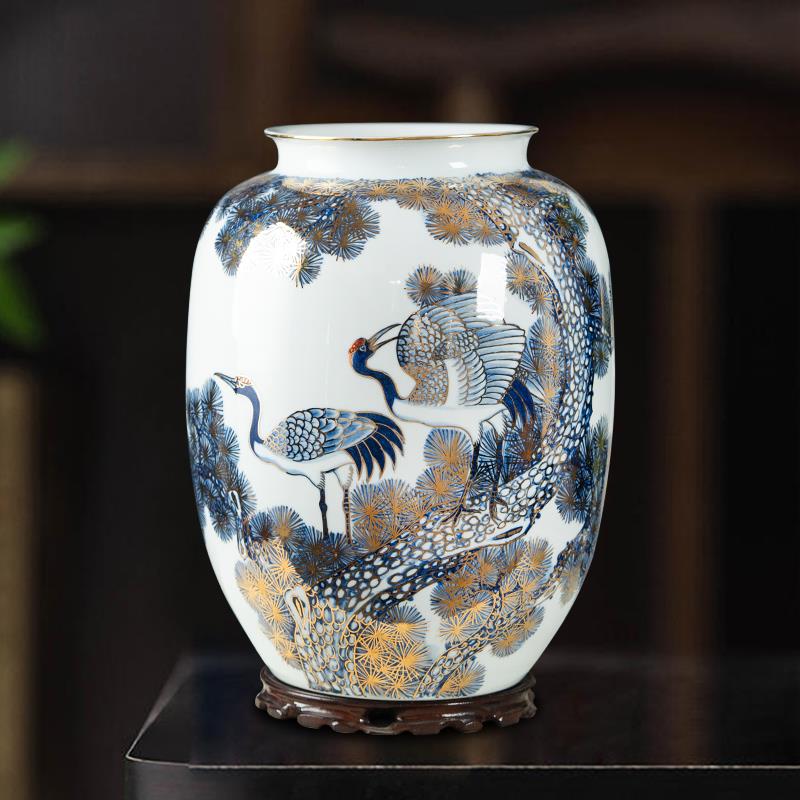 松鹤延年高端大号花瓶景德镇陶瓷客厅博古架摆件书房字画筒收纳缸