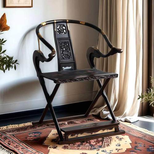 中式交叉纯实木包铜交椅中式明清榆木太师椅仿古折叠椅靠背椅做旧