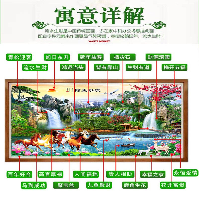 5d流水生财山水钻石画2023新款满钻马到成功客厅粘钻石十字绣大气