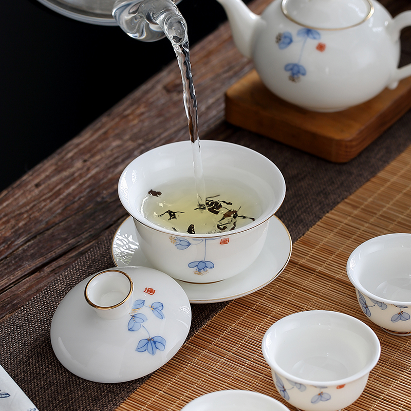 羊脂玉功夫茶具茶杯套装家用盖碗简约白瓷泡茶壶中式描金公道杯