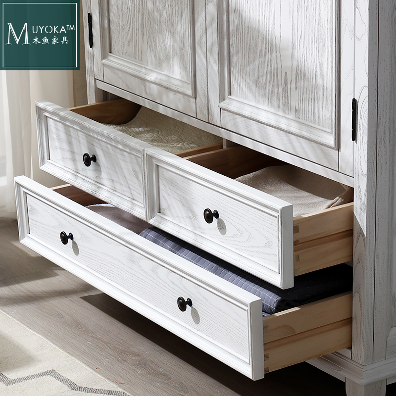 木鱼家具美式实木衣柜双门美式乡村白色白蜡木家具衣橱卧室组合