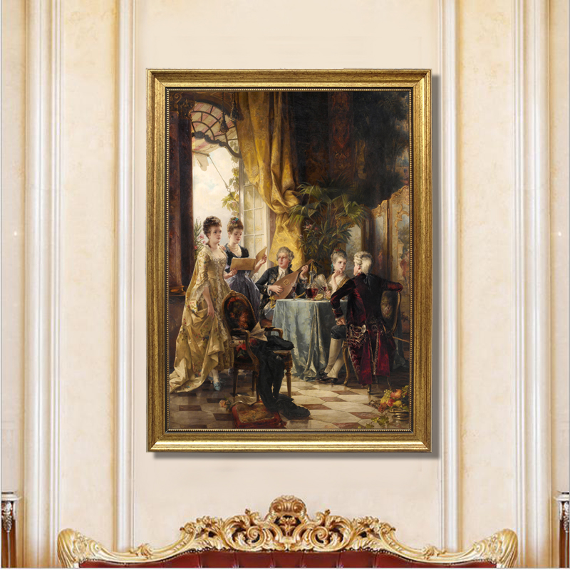 竖版欧式宫廷人物油画贵妇人客厅喷绘有L框画酒店宾馆会所装饰画